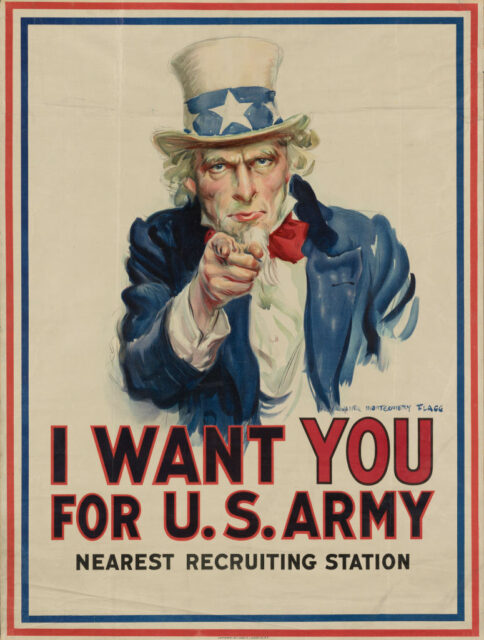 Poster featuring an illustration of Uncle Sam and the text,