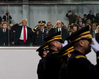 President Donald Trump; Gen. Mark Milley, chief of staff of the Army; and Vice President Mike Pence salute a formation of U.S. Army soldiers taking part in the 58th Presidential Inauguration Parade in Washington on Jan. 20.