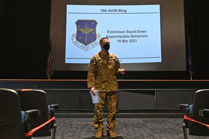 Lt. Col. Ryan Polcar, 19th Airlift Wing director of staff, gives a presentation during the Extremism Stand-Down Day at Little Rock Air Force Base, Arkansas, March 19, 2021.