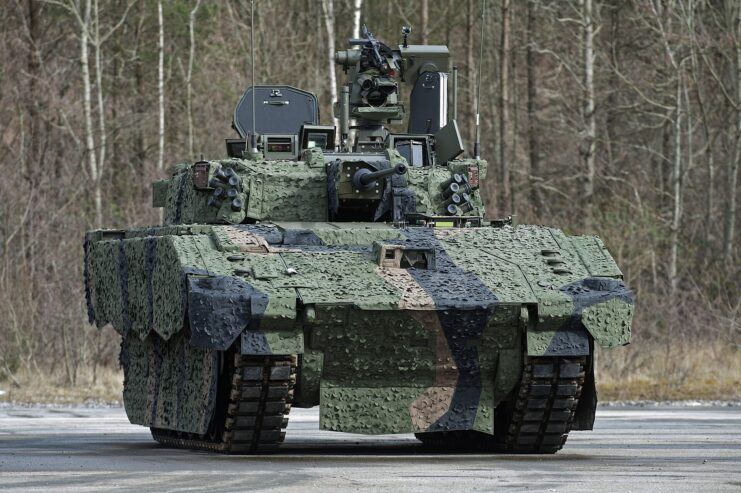 Ajax armored fighting vehicle (AFV) prototype parked outside