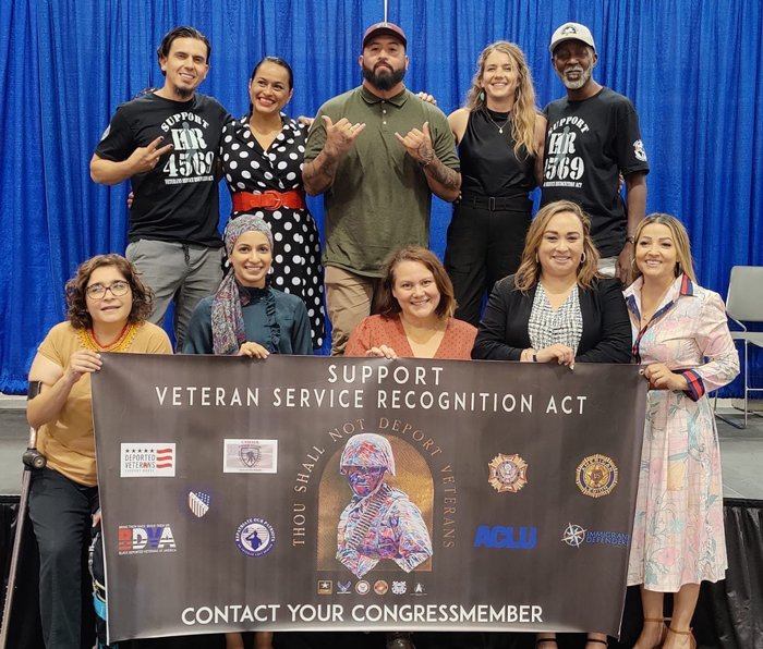 Advocates for repatriating deported veterans show their support for the Veteran Service Recognition Act, a bill that would help noncitizen military members become citizens and ensure that military service is considered in deportation proceedings. 
