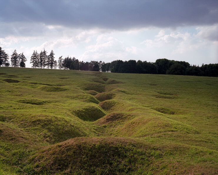 Remnants of a World War I-era trench in a field at the Beaumont-Hamel Newfoundland Memorial