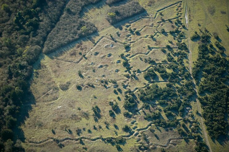 Aerial view of World War I-era practice trenches at Beacon Hill