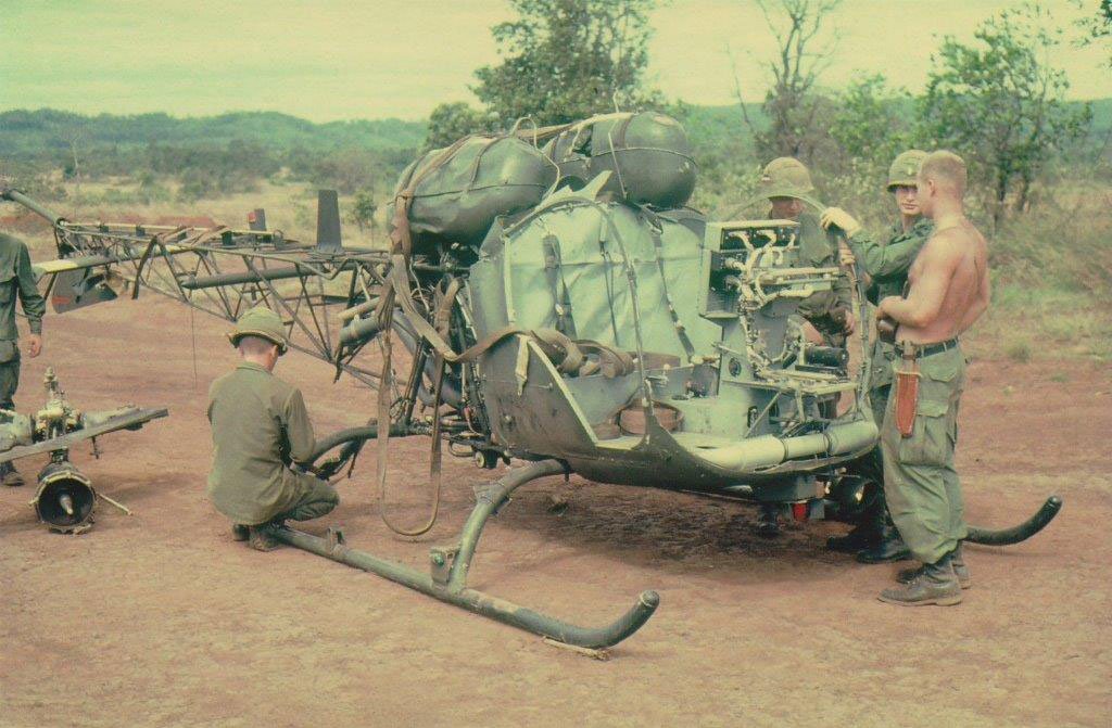 A broken Bell OH-13 Sioux used to scout ahead of Huey formations.