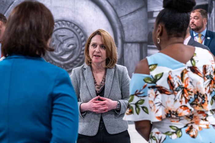 Deputy Secretary of Defense Kathleen Hicks visits the Promise to Address Comprehensive Toxics (PACT) Act and Veteran Benefits Fair at the Pentagon in March 2023.