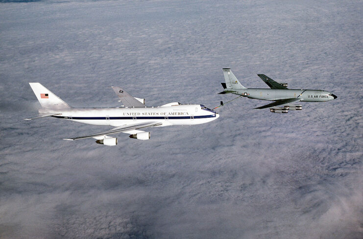 Doomsday plane refueling mid-air from a Boeing KC-135 Stratotanker