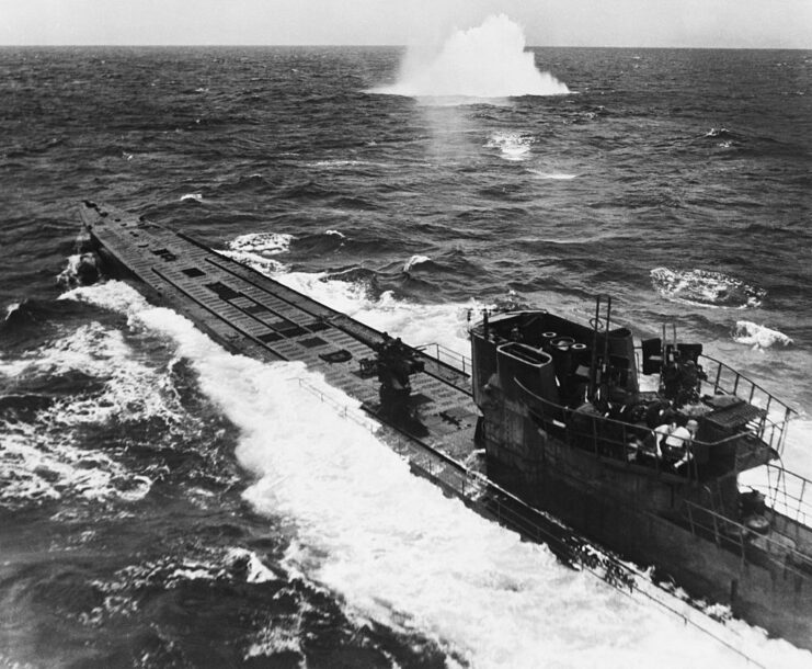 German U-boat surfacing in the Atlantic Ocean